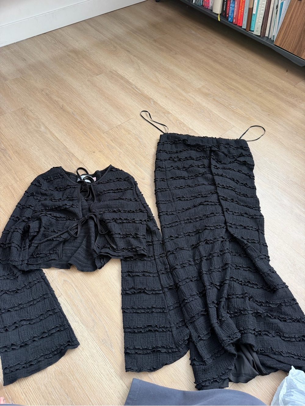 Hello Molly Black Textured Two-Piece Jumpsuit Set with Ruffled Detail